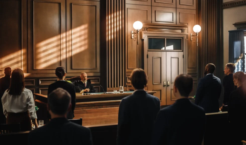 Court room standing and waiting for the judge