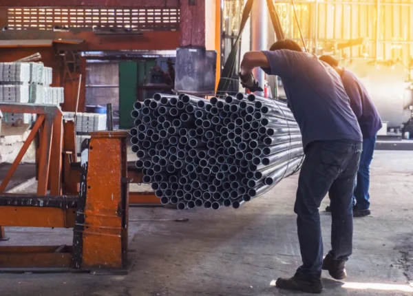 Men at working lifting hundreds of metal pipes.