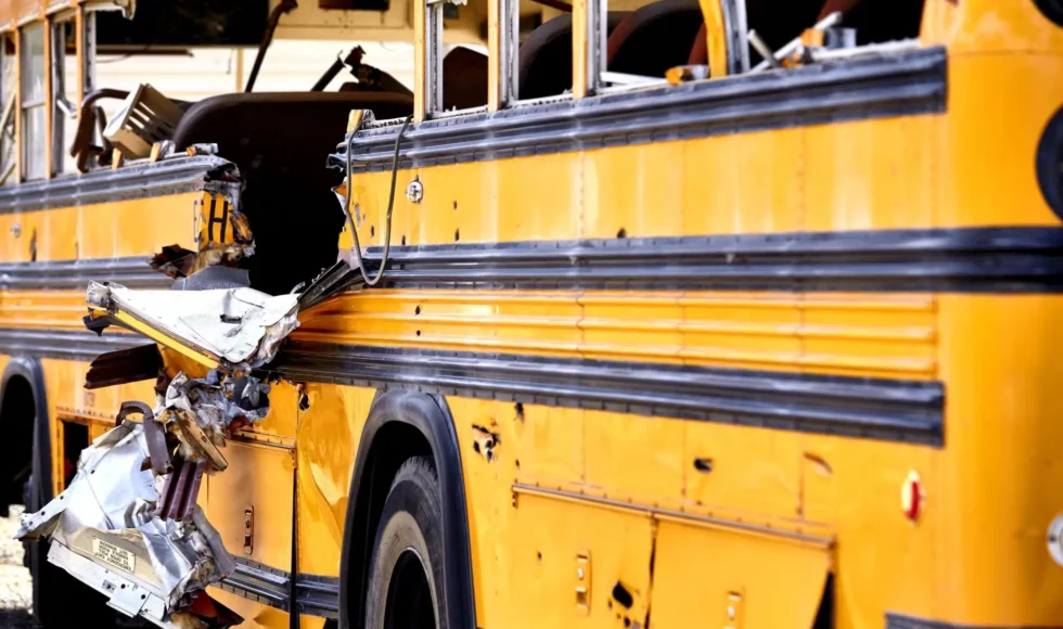 School bus damage after an accident in Texas